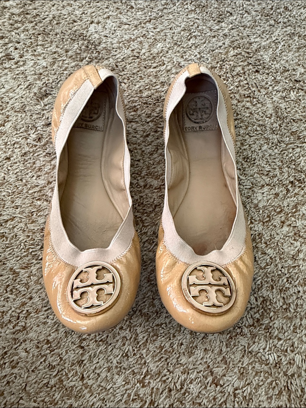 Tory Burch Beige Patent Logo Ballet Flats